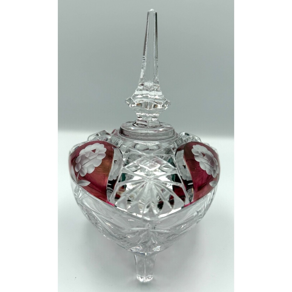 Vintage Anna Hutte Bleikristall 24% Lead Crystal Ruby Footed Candy Dish W/ Lid